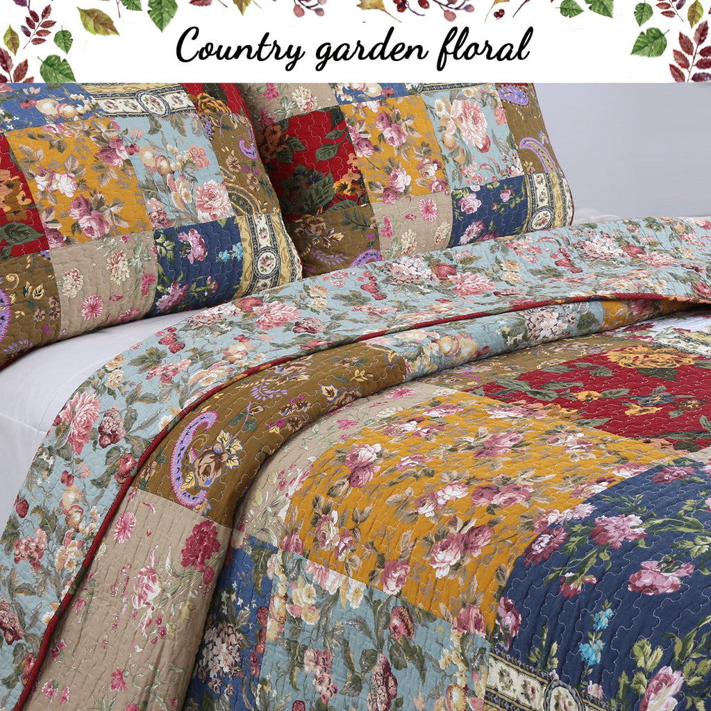 Ryleigh Floral Real Patchwork Country Garden Fall Flowers Paisley 3-Piece Cotton Reversible Quilt Bedding Set